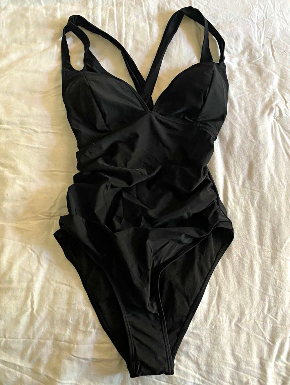 Black Solid One Piece Swimsuit Women’s S C Cup Lined Wide Straps High Cut
